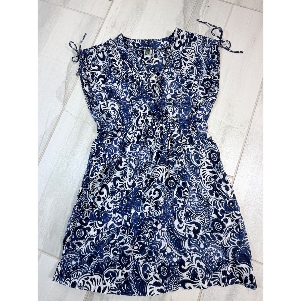 Lauren Ralph Lauren Blue White Paisley Cotton V-Neck Mini Dress Medium